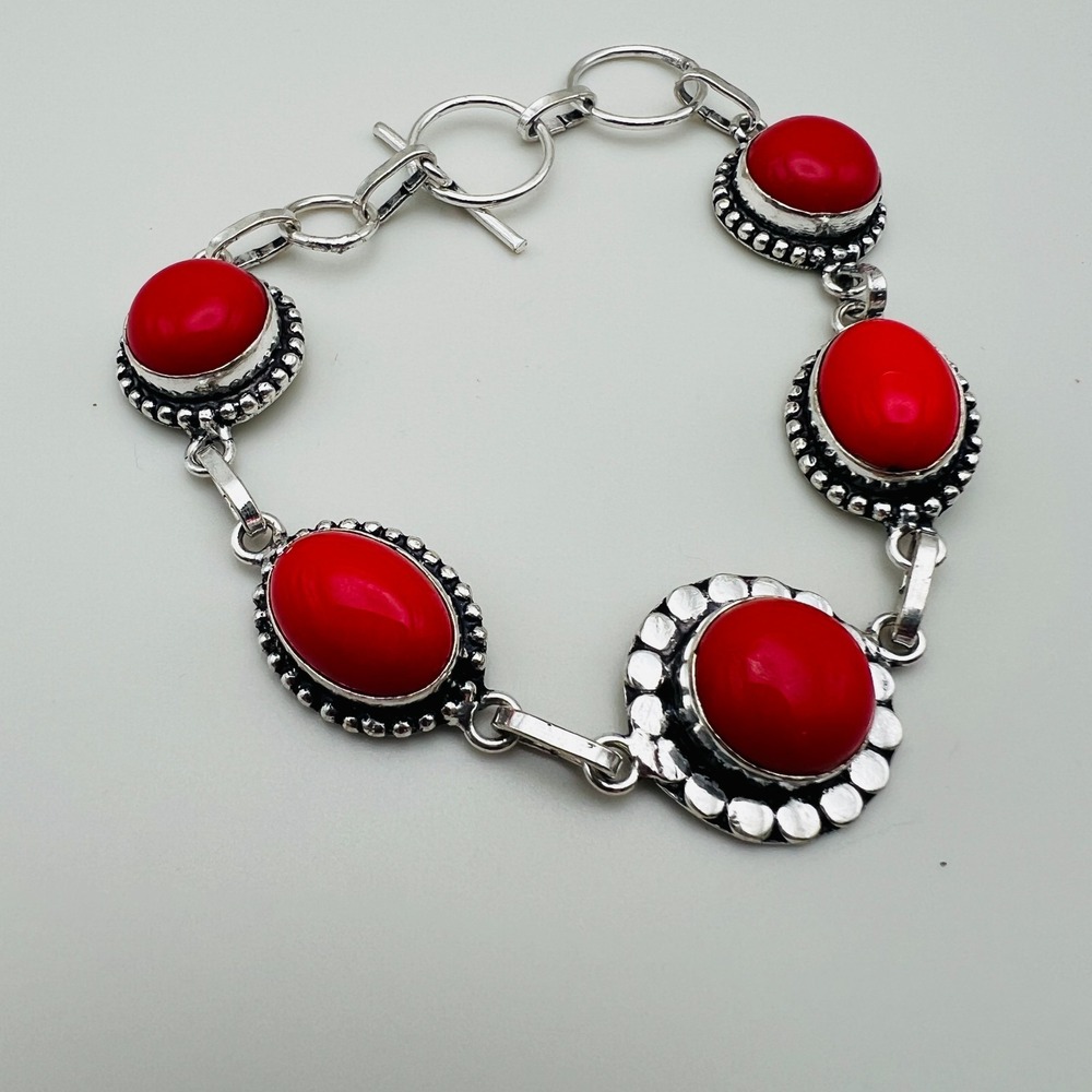 Artisan Red Coral Silver Tone Link Statement Bracelet Vintage Style 7.5"